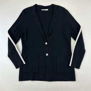 Oui black knit blazer cardigan Womens Size 12 contrasting stripes cotton silk